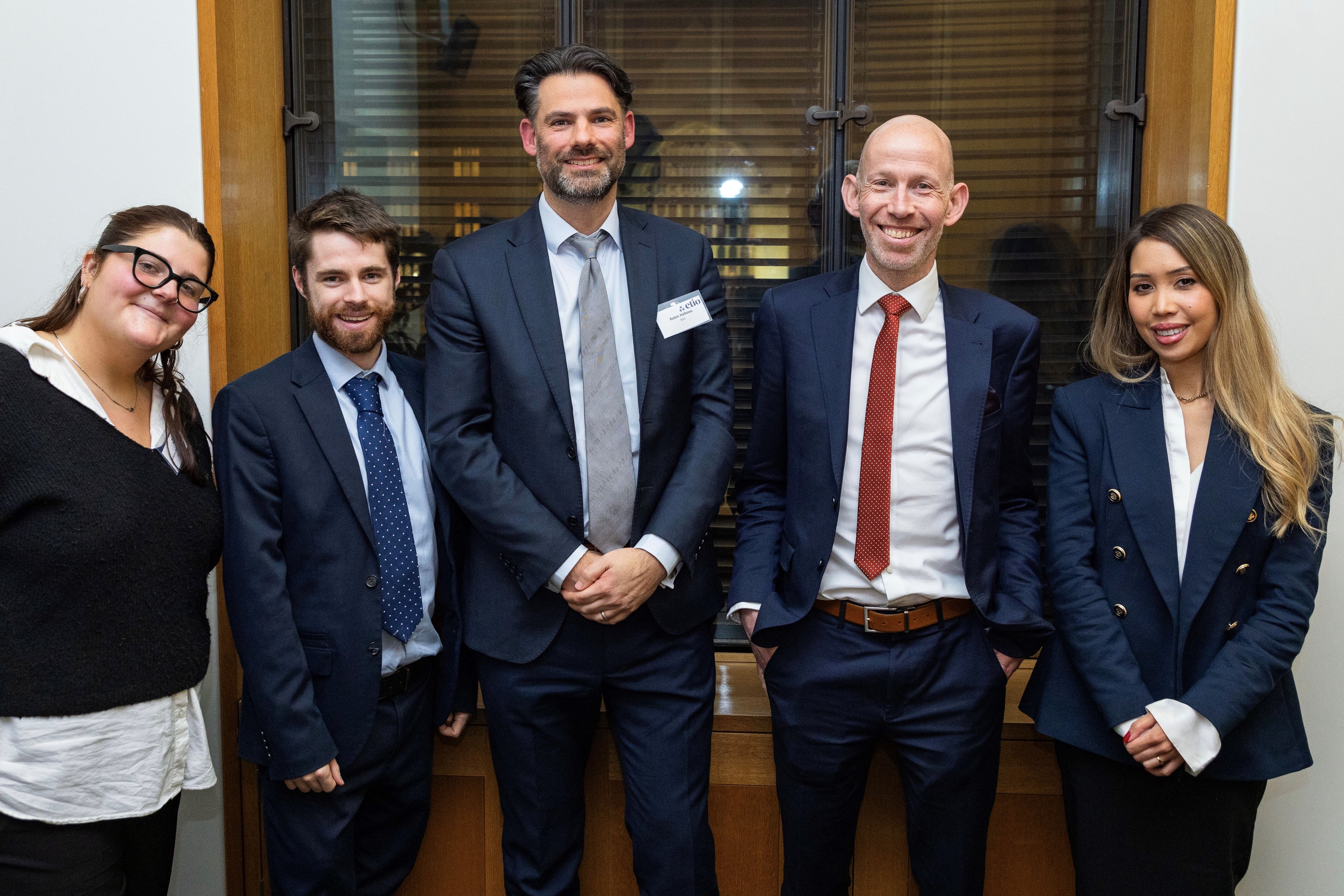 (Left to right) Arianna Robertson, Account Executive at PLMR; Ben Farmer, Account Manager at PLMR;  Robin Hallows, Head of Surveys, Etio; Nick Pidgeon, Director of Performance Benchmarking, Etio; Keyta Hawkins, UK Policy and Public Affairs Manager, Etio.  